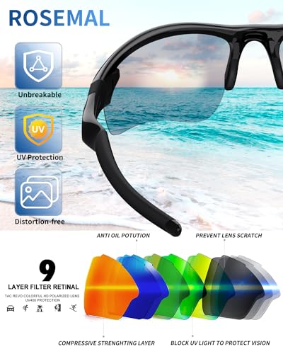 Rosemal Polarized Sunglasses for Men Women Running Sunglasses Sports Cycling Driving Fishing Baseball Golf TAC UV400 TR90