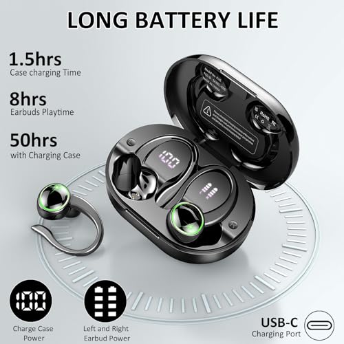 Wireless Earbuds Sports, Bluetooth 5.4 Headphones Hifi Stereo, 50H Playback Over-Ear buds with ENC Noise Cancelling Mic, E...