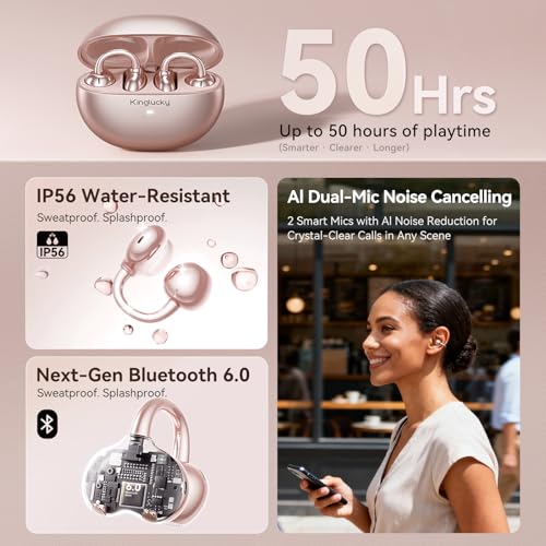 Kinglucky Upgraded Open Ear Earbuds, Clip-On Earbuds Comfortable fit, Crystal-Clear Sound, 50H Play, Open Ear Headphones W...