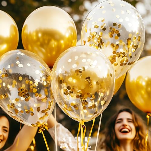 AULE Party Balloons Pack of 42 - Metallic Gold Balloons & Gold Confetti Balloons and 64ft Ribbons - 12 Inch Balloons Decor...