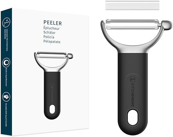 KITCHENDAO Swivel Vegetable Potato Peeler for Kitchen, Japanese Stainless Steel Sharp Blade, Heavy Duty Die-cast Construction Y Peeler, Built-in Eye Remover, Soft-touch Handle, Dishwasher Safe, Black
