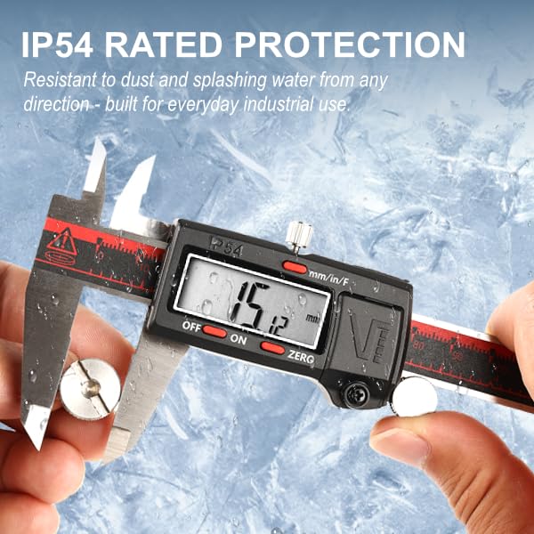 VINCA IP54 Grade Digital Caliper, DCLA-0605 6 Inch/150mm, Inch/Millimeter/Fraction Conversion, Stainless Steel, Large LCD Screen