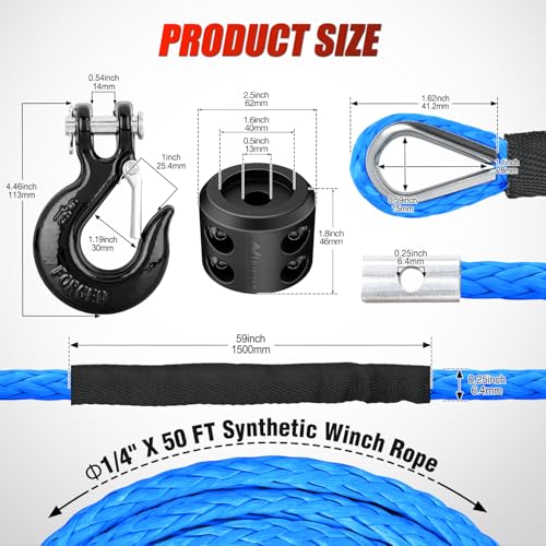 Nilight 1/4 Inch x 50 Feet Winch Rope Synthetic Winch Line Cable Universal for ATV UTV 4x4 Off-Road Vehicle 9000lbs Winch ...