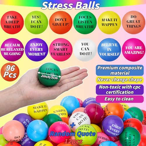 96 Pieces Motivational Stress Balls 2 Inch Inspirational Stress Relief Ball Bulk Hand Exercise Balls Encouraging Colorful ...