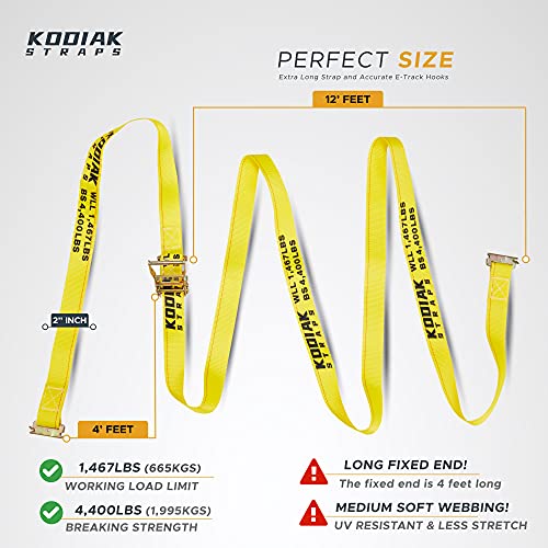 6 Pack E-Track Ratchet Straps 2" x 16' x 4,400 lbs Strength for Cargo Tie Down in Enclosed Trailer & Van by KODIAK STRAPS