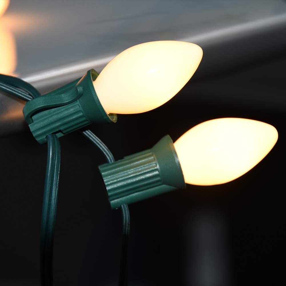 SUNSGNE C7 White Outdoor Christmas Light Bulbs, 5W E12 Candelabra Base, Pack of 25, Glass