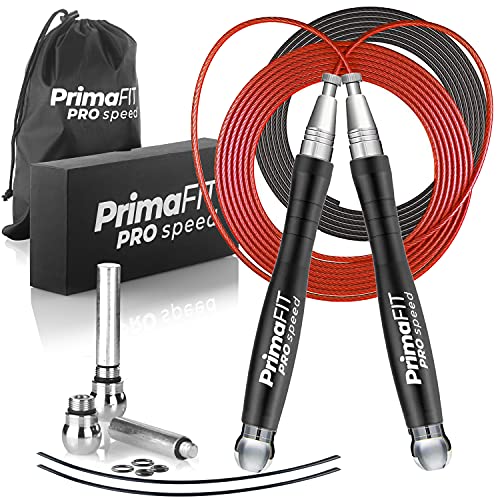 PrimaFIT Jump Rope Pro Speed Skipping Rope Adjustable Adult Jumping Rope Weighted Aluminium Handles for Double Dutch Boxin...