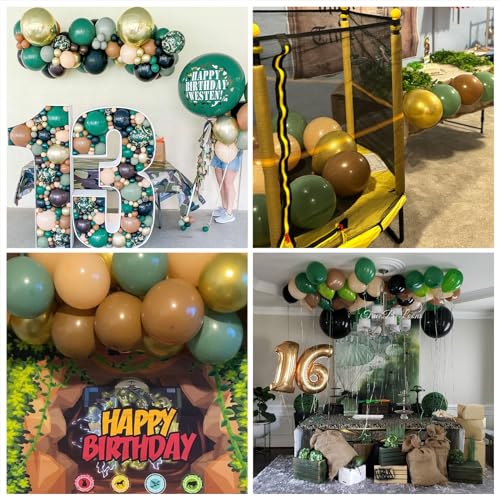 60 PCS Sage Green, Gold, Brown Latex Balloons - Woodland Camo Army Olive Green, Dark Brown, Coffee Nude Gold Party Balloon...