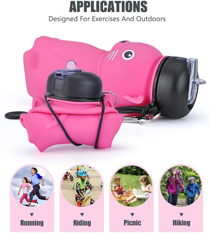 Collapsible Silicone Water Bottle，kawaii water bottle,500ml(16.9 oz),cute water bottles For Girls,School,Sports,Hiking, Backpacking, Camping, Walking, BPA Free(cute bear)