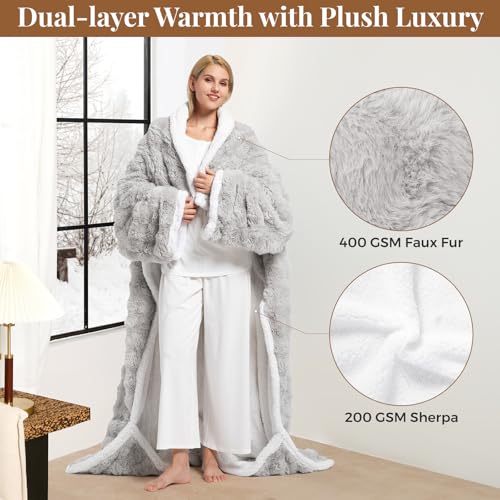 Wearable Heated Blanket, Luxury Faux Fur & Sherpa Electric Throw Blanket with Sleeves, Foot Pockets, Heated Robe for Women...