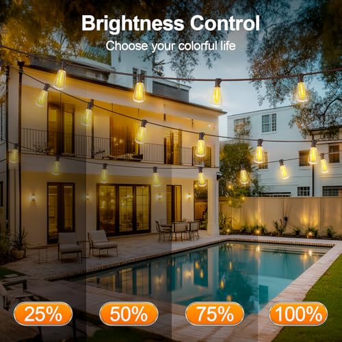 Outdoor String LED Patio Lights - 100Ft 30M Outside Waterproof Light with Remote Dimmable ST38 Shatterproof Bulb Connectab...