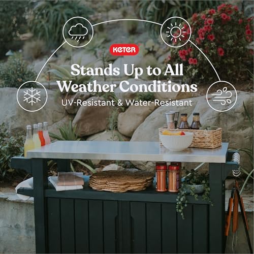 Keter Unity XL Portable Outdoor Table with Stainless Steel Top for Kitchen Prep and Outdoor Storage Cabinet for Grilling A...
