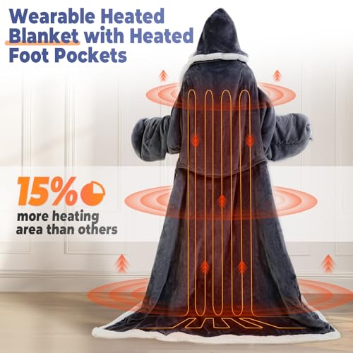 Wearable Heated Blanket with Foot Pocket, Electric Wearable Throw Blanket with Sleeves, Hood, Portable Heated Blanket with...