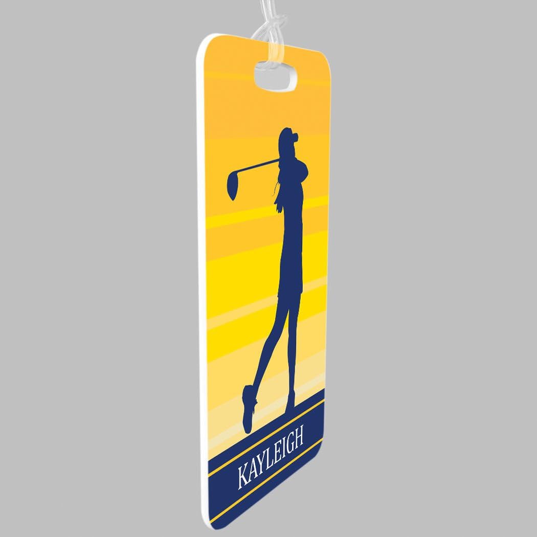 ChalkTalkSPORTS Golf Luggage & Bag Tag | Personalized Female Golfer | Standard Lines on Back | Small | Yellow