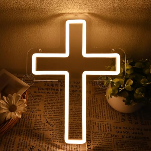 SYLHOME Cross Led Neon Light Sign Kids Bedroom Nursery Wall Sign Decor Christening Baby Shower Wedding Birthday Party Back...