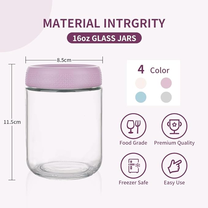 BCnmviku 16 oz Mason Jars Overnight Oats Containers with Lids, 4 PACK Glass jars with Airtight Lids, Wide mouth Mason Salad Spice jars, Glass Food Storage Containers for Snacks Yogurt Spice Sugar