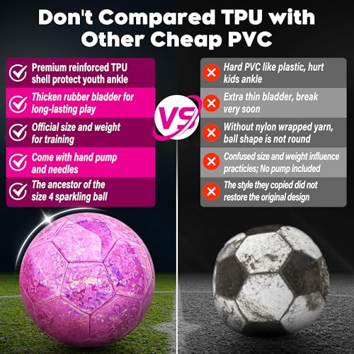 Champhox Size 4 Soccer Ball Glitter Pink - Kids Aged 4-6 6-8 8-12 Outdoors Sports Training Ball Recreation Playing Ball Te...