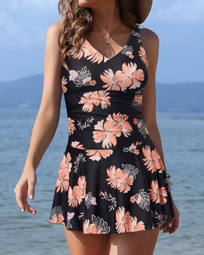 Yonique One Piece Swimsuits for Women Modest Tummy Control Swimdress Vintage Bathing Suits Skirt Swimwear