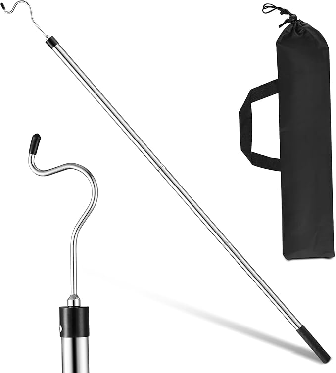 Clothes Hook Pole, Extendable from 35" to 50" Stainless Steel Closet Pole Reacher with S-Shaped Hook for Hanging Clothes, ...