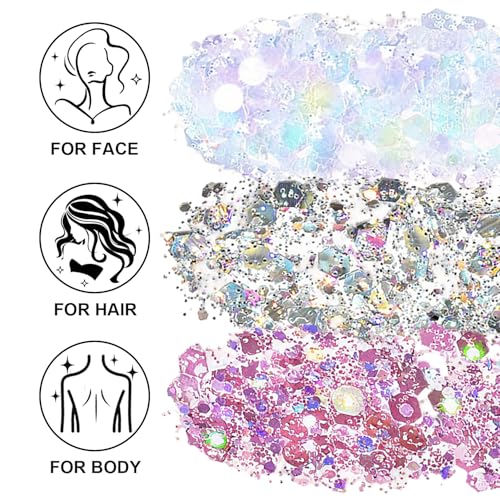 Face Body Glitter Set for Women and Kids, White Silver Pink Holographic Mermaid Sequins Chunky Glitter Makeup for Festival...
