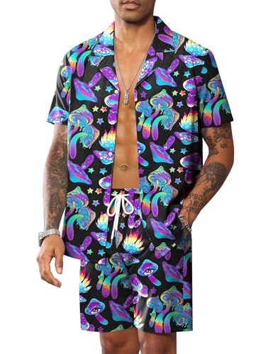 LecGee Men's Rave Outfits Hawaiian Shirts and Shorts Sets 2 Pieces Retro 80s 90s Outfit