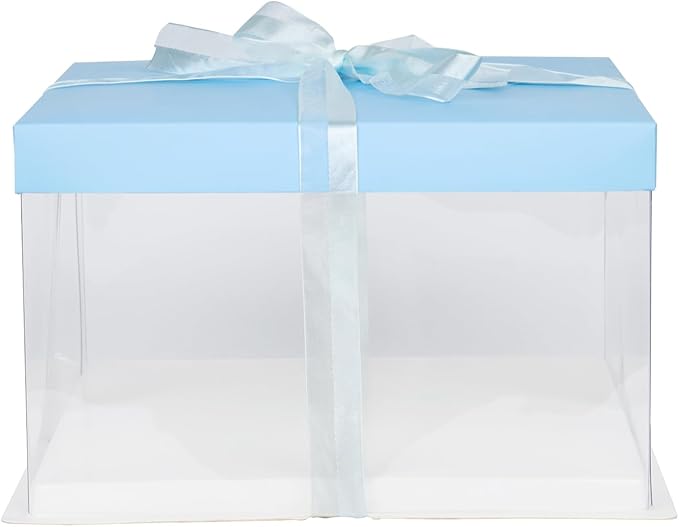Restaurantware-Sweet Vision 10 Inch x 8.25 Inch Transparent Cake Boxes, 10 Grease Resistant Base Clear Cake Boxes - Blue Lid, Blue Ribbon, Plastic Birthday Box, For Weddings Or Birthdays
