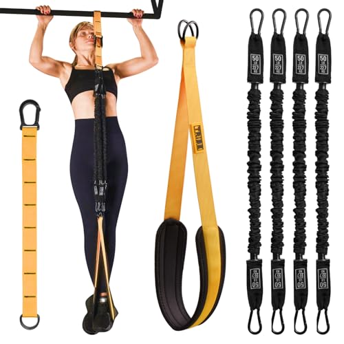 Pull Up Assistance Bands Set - 4 Heavy-Duty Pull Up Bands, Height Adjustable Strap & Comfortable Foot Strap - Stackable Pu...