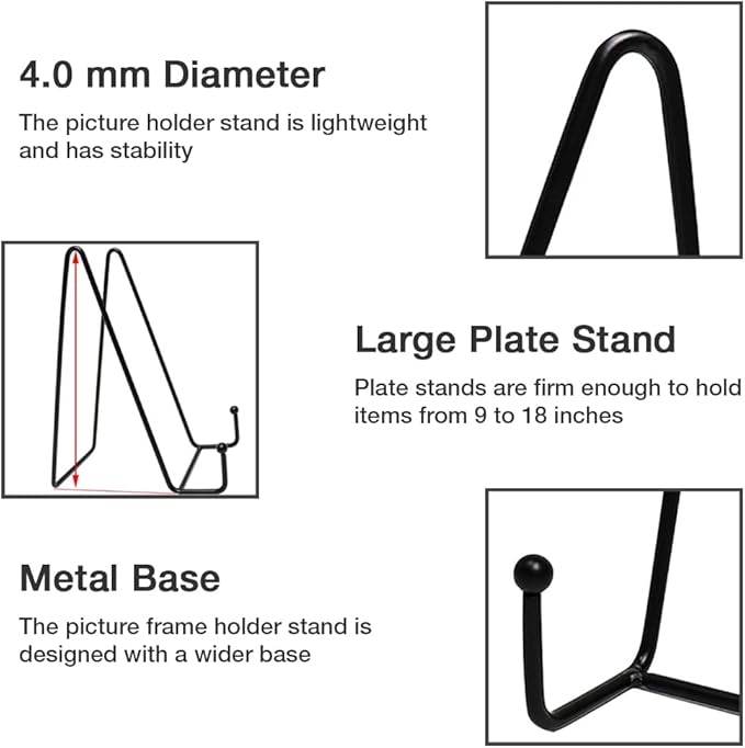 7 Pack 8 Inch Large Plate Stands for Display, Metal Black Plate Holder Display Stand, Picture Frame Stands for Book, Photo Easel, Decorative Plates