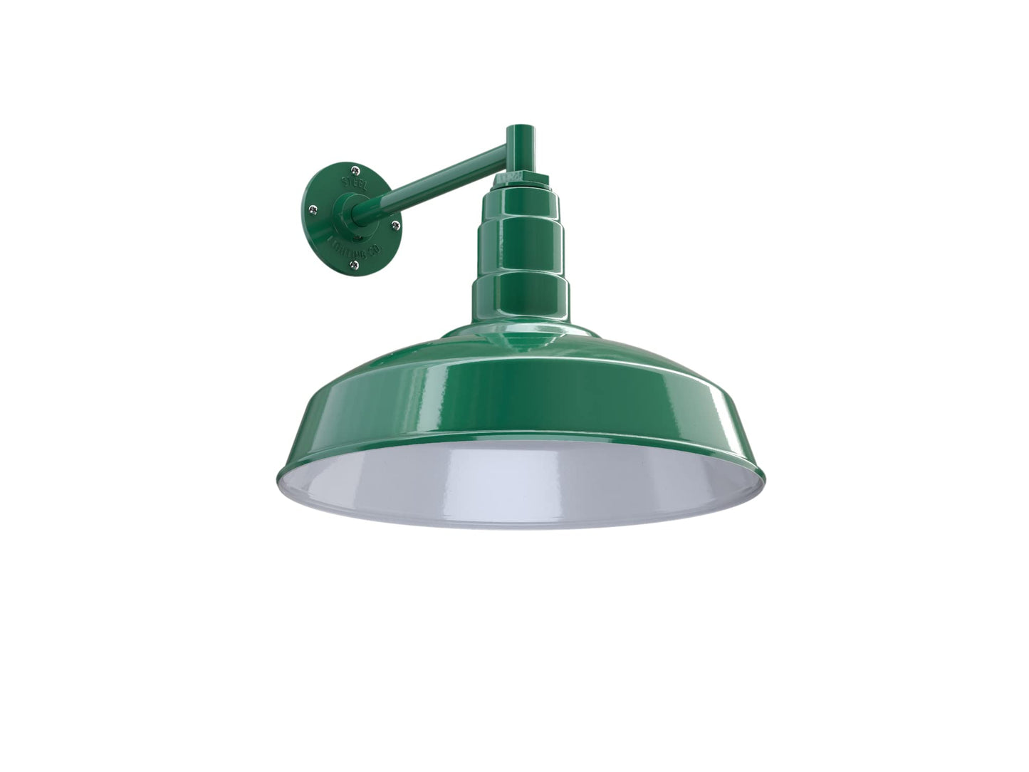 Steel Lighting Co. Gardena Barn Light - Outdoor Wall Mounted, Dusk to Dawn, 16in Dome, 11in Straight Arm, Green/White