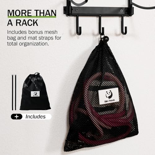 Slim Panda Yoga Mat Holder Wall Mount With Mesh Bag,Yoga Accessories Storage Rack,Home Gym Organizer with 5-Tier & 3 Hooks...