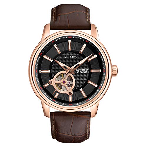 Bulova Men's Classic 3-Hand Automatic Leather Strap Watch, 21-Jewels, Hack Feature, Luminous Hands and Markers,Open Apertu...