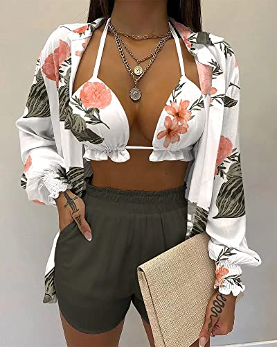 CCIGO Womens 3 Piece Outfits Floral Shirt Bra + Shorts with Pockets Casual Tracksuits Set Beach Cover up Sets