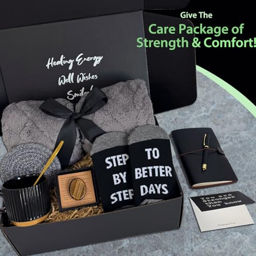 Care Package for Men - Get Well Soon Gifts for Men with Plush Blanket, Ceramic Mug Set, Socks, PU Notebook, Pen, Stress St...