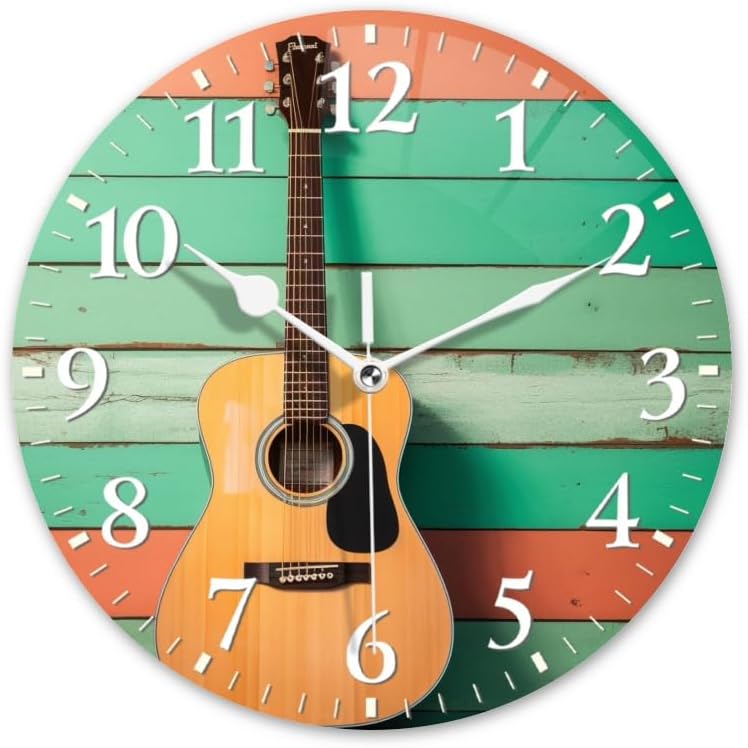 Guitar Wall Clock Non-Ticking Silent Clocks Battery Operated Analog Decor Clock for Home-Acoustic Guitar Leaning Against Wooden Wall(14inch)