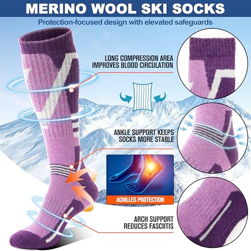 3 Pairs Merino Wool Ski Socks Thermal Warm Winter Thick Knee High Snowboarding Skiing Socks for Women Men