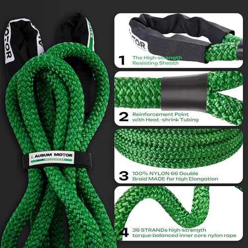 Kinetic Recovery Rope 1in x 20ft, Kinetic Rope Recovery Kit 48,600lbs Break Strength, with 2 Soft Shackles, 35% Elasticit...