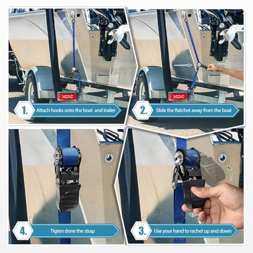 PAULINN Boat Trailer Tie-Downs Straps 1 Inch x 4 FT, 2400 LBS Heavy Duty Adjustable Transom Tie Down Straps Ratchet w/Quic...