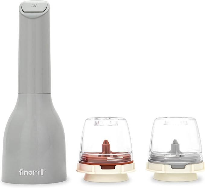 FinaMill Classic Battery Spice Mill – Battery Operated Salt and Pepper Grinder Set, Includes 2 Interchangeable Spice Pods, Adjustable Coarseness, Ceramic Grinder, LED Light, Kitchen Gifts for Women