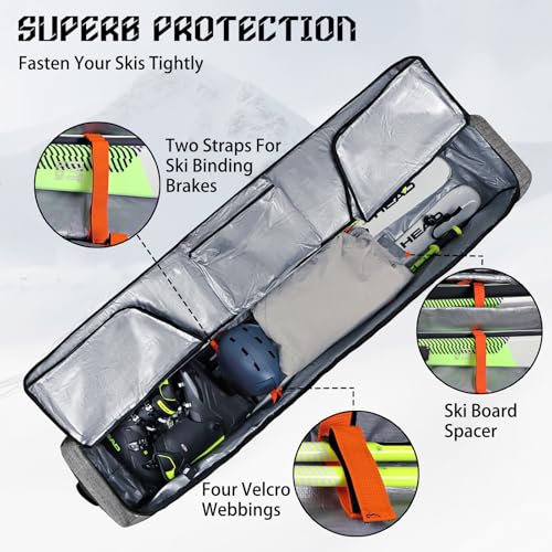 Goloni Ski Bag with Wheels,Padded Snowboard Bag for Air Travel,600D Waterproof Fabric,Foldable Snow Bag Fits 2 Pairs Skis