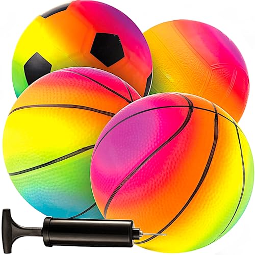Bedwina Mini Rainbow Sports Balls - 5 Inch (Pack of 4) Inflatable Vinyl Balls for Kids and Toddlers with Hand Air Pump, Ba...