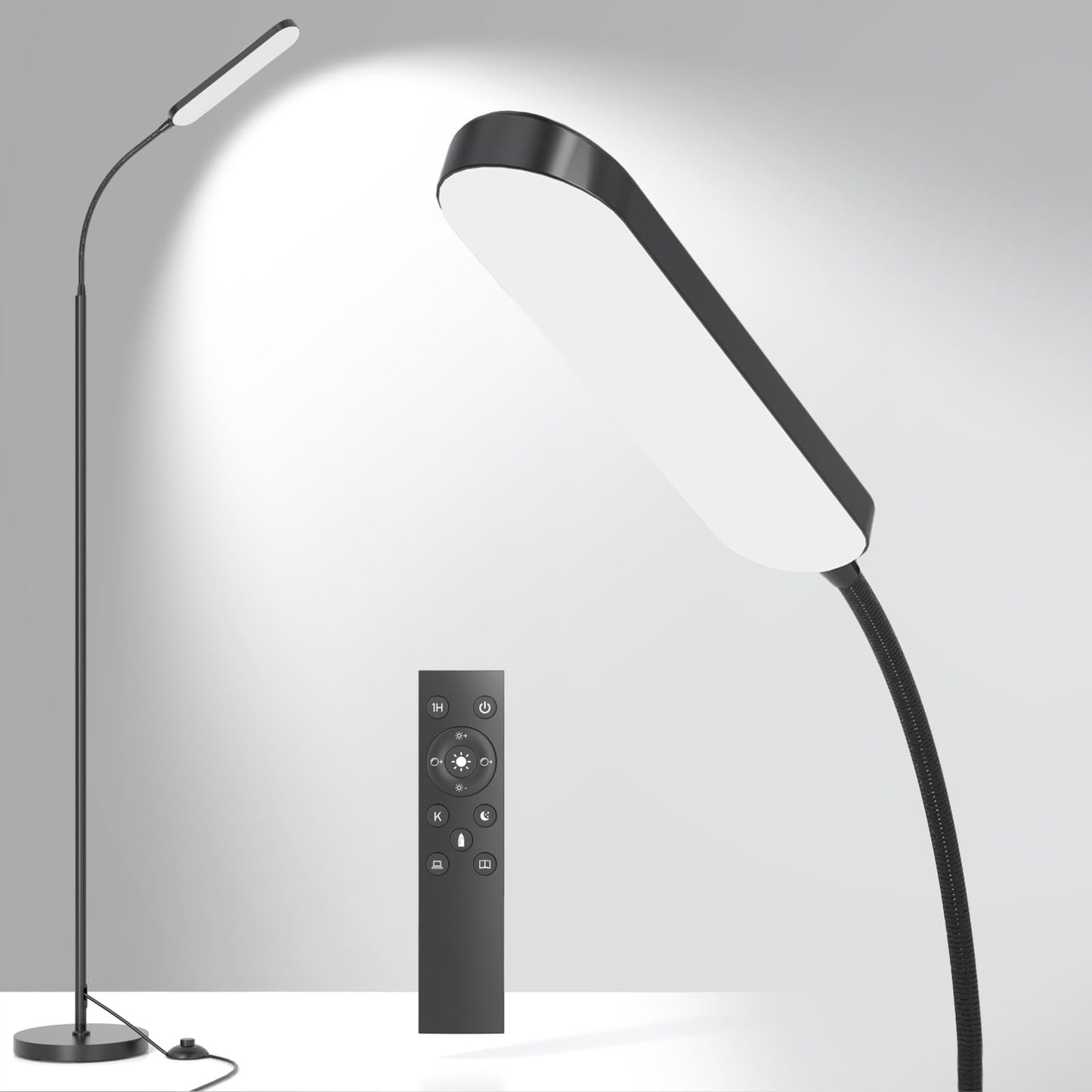 tigial Floor Lamp - 15W LED, Remote & Touch Control, Stepless Dimming, Adjustable Color Temperature, Black, Gooseneck Design