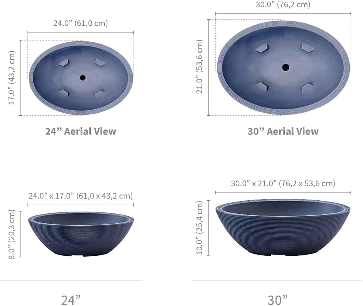 Crescent Garden Delano Oval Planter Bowl, Succulent Garden, Unique Indoor/Outdoor Double-Walled Plant Bowl with Plug- Oval Shape - 30" L x 21" W x 10" H (Slate)