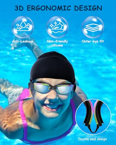 Hurdilen Kids Swim Goggles, Swimming Goggles for Kids Toddlers 3-14 with Swim Cap, Nose Clip, Nose Bridge, Ear Plugs