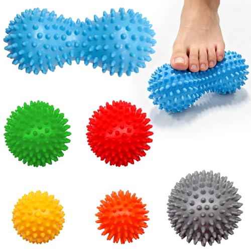 6-Pack Spiky Massage Balls Set, Hard/Medium/Soft Textured Muscle Roller Balls for Plantar Fasciitis Relief, Myofascial Rel...