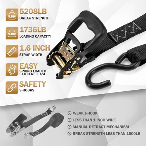 IAZZCO Heavy Duty Ratchet Straps with Hook - 1.6 Inch x 16 FT (5208 LB Break Strength) Tie Down Straps with S Hooks & Soft...