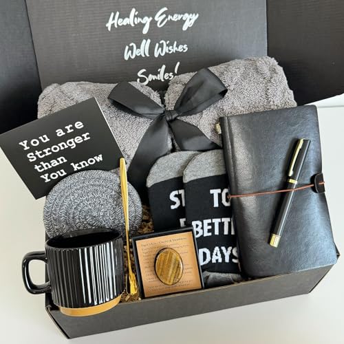 Care Package for Men - Get Well Soon Gifts for Men with Plush Blanket, Ceramic Mug Set, Socks, PU Notebook, Pen, Stress St...