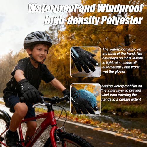 YukiniYa Kids Winter Bike Gloves Warm Water Resistant Anti Slip for Boys Youth 3-15 Years Cycling with Reflective Strip Black