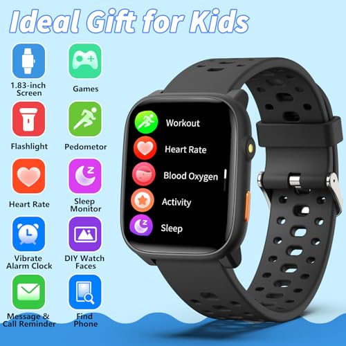 ModaWin Kids Smart Watch with Puzzle Games, 1.83" Kids Watches Heart Rate, Sleep Monitor, Pedometer, Alarm Clock, Flashlig...