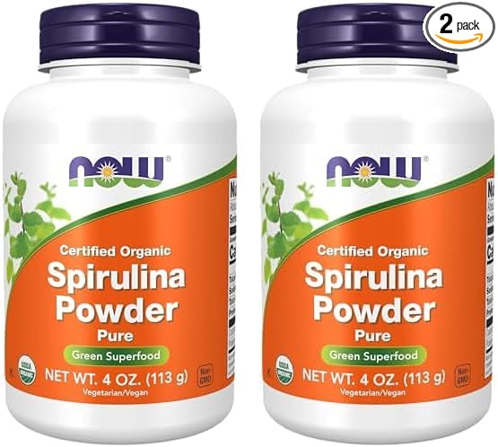 NOW Supplements, Certified Organic, Spirulina Powder, Rich in Beta-Carotene (Vitamin A) and B-12 with Naturally Occurring GLA & Chlorophyll, 4-Ounce (Pack of 2)