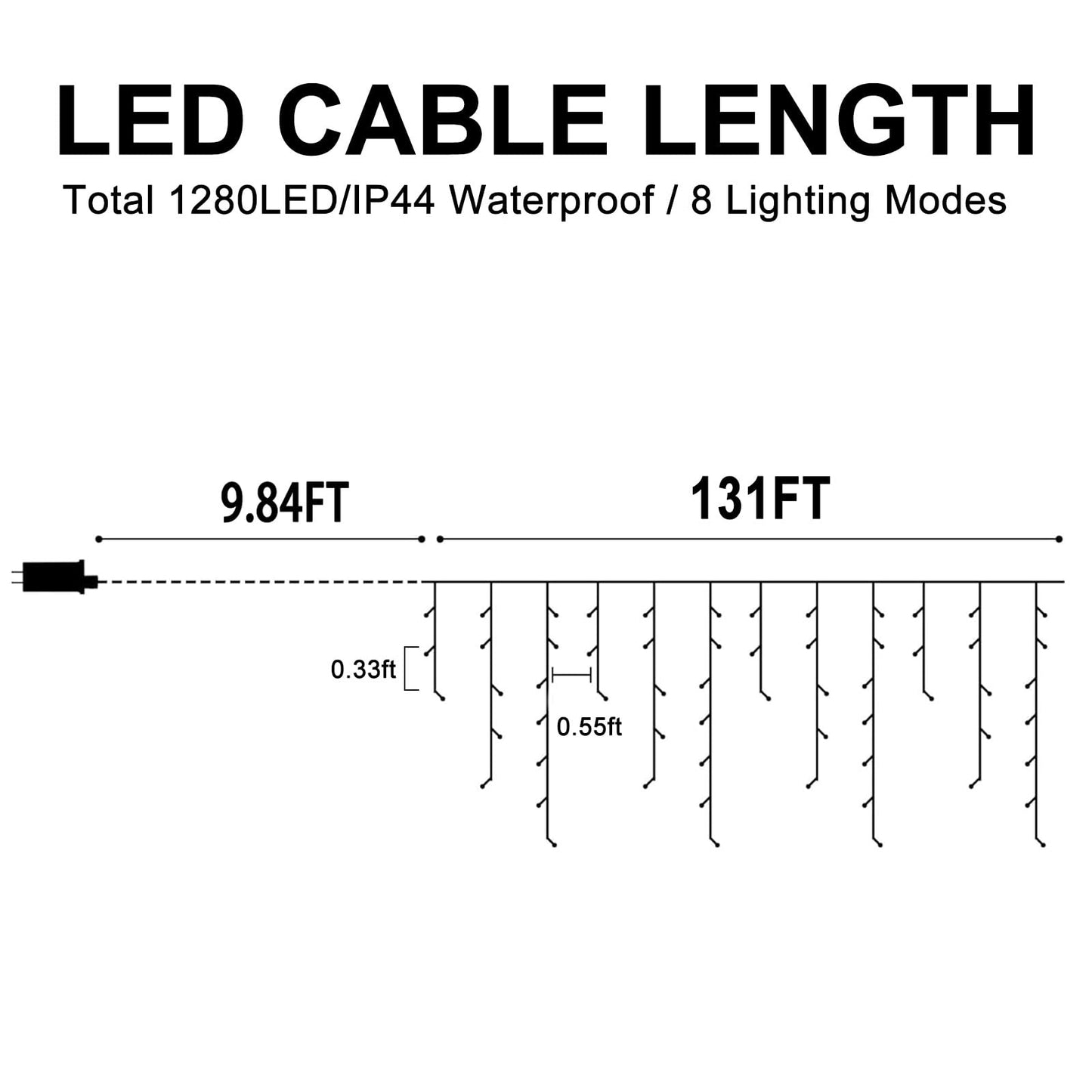 Heceltt Christmas Lights Outdoor 1280 LED 131FT Multicolor Ice String Lights with Timer, Clear Wire, 8 Modes, Model BG-CL3M3-306L01